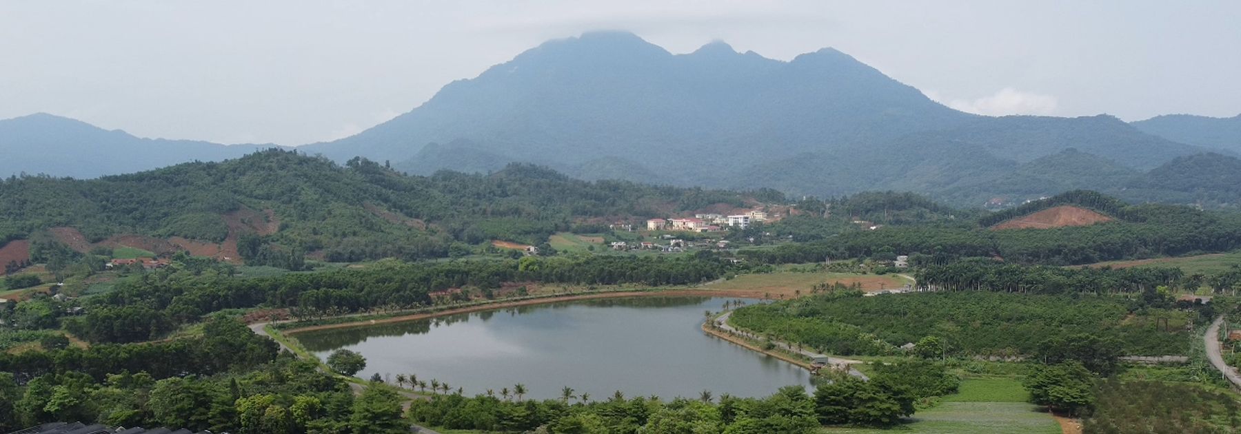 Toàn cảnh nông trại Ba Vì nhìn từ trên cao, hồ nước và núi Ba Vì phía sau
