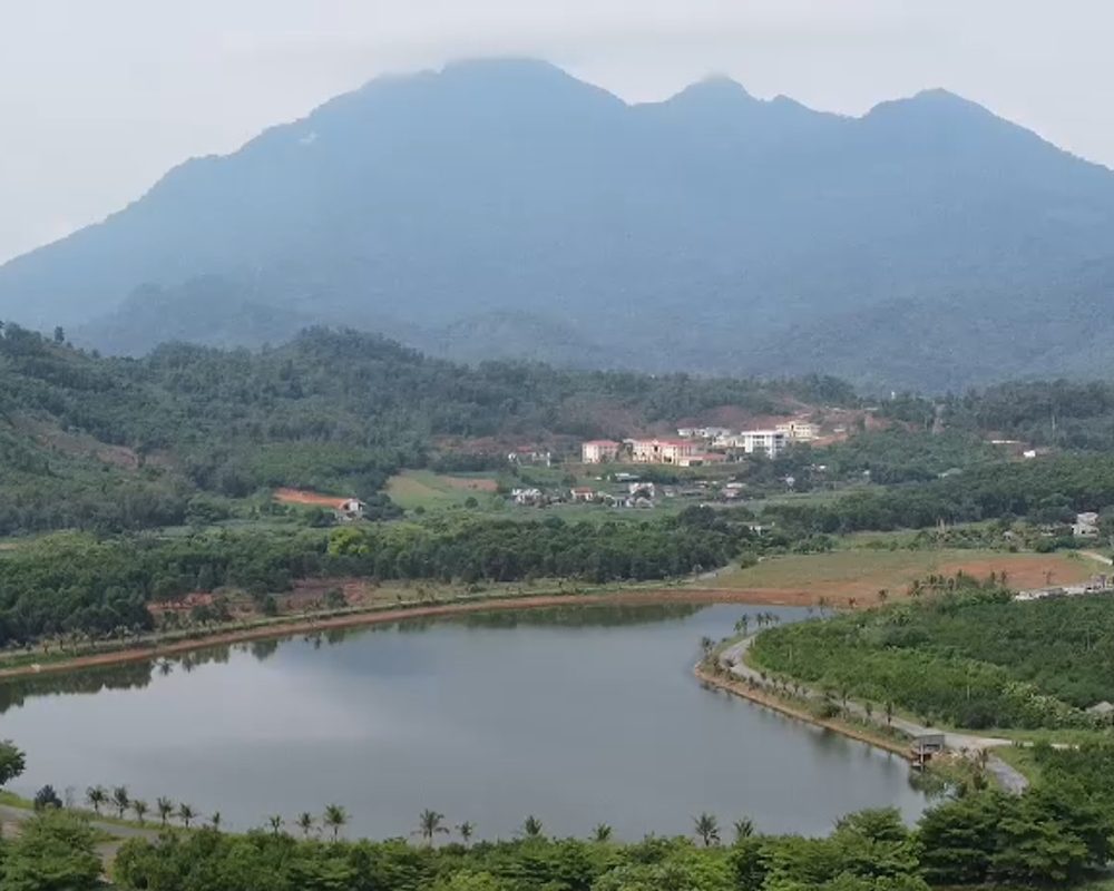 Nông trại TeraGreen nhìn từ trên cao, hồ nước và núi Ba Vì phía sau